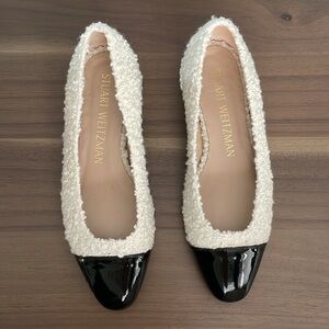 Stuart Weitzman Cream Bouclé Flats with Black Patent Cap Toe